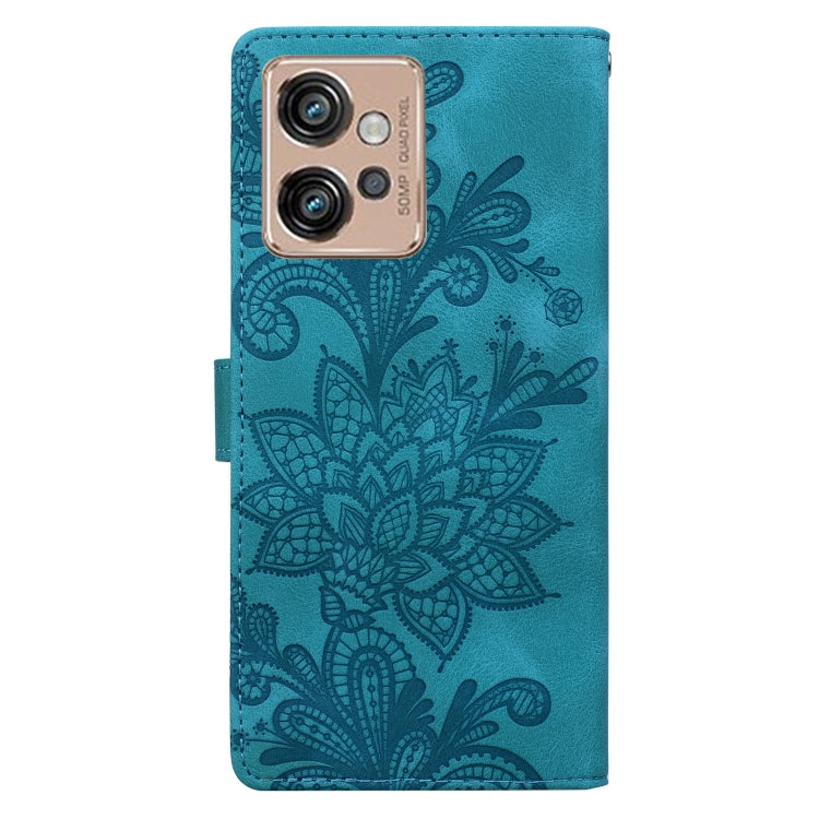 For Motorola Moto G32 Lace Floral Embossed Magnetic Buckle PU Phone Case With Wrist Strap