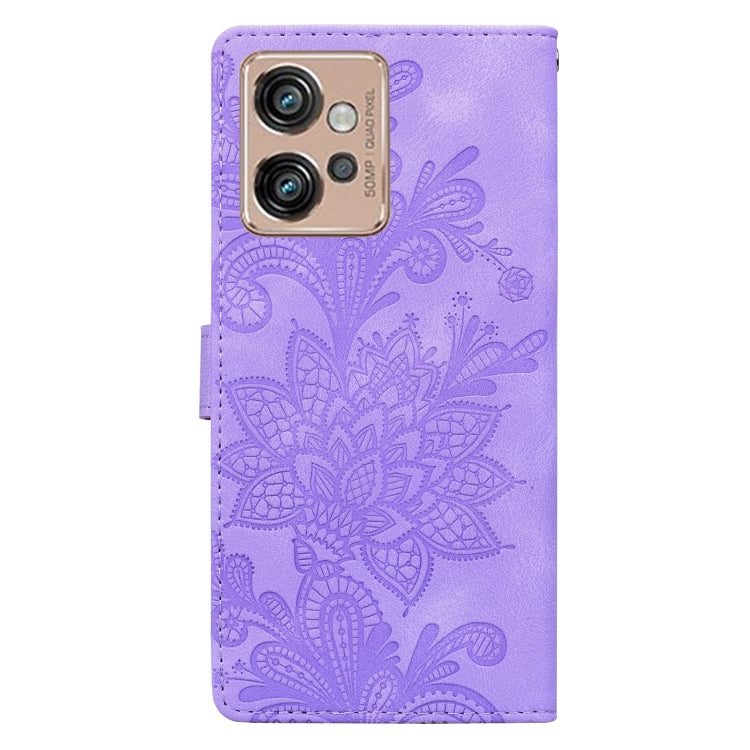 For Motorola Moto G32 Lace Floral Embossed Magnetic Buckle PU Phone Case With Wrist Strap
