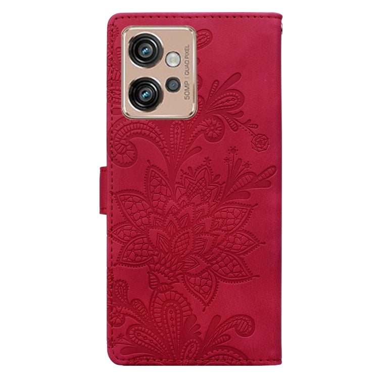 For Motorola Moto G32 Lace Floral Embossed Magnetic Buckle PU Phone Case With Wrist Strap