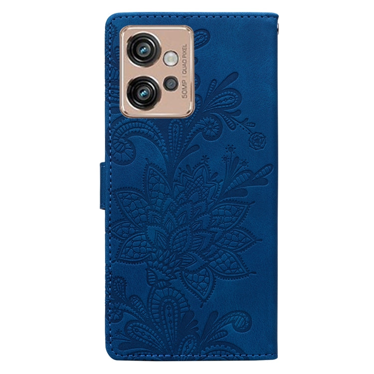 For Motorola Moto G32 Lace Floral Embossed Magnetic Buckle PU Phone Case With Wrist Strap