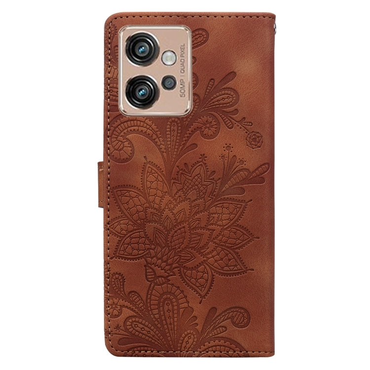 For Motorola Moto G32 Lace Floral Embossed Magnetic Buckle PU Phone Case With Wrist Strap