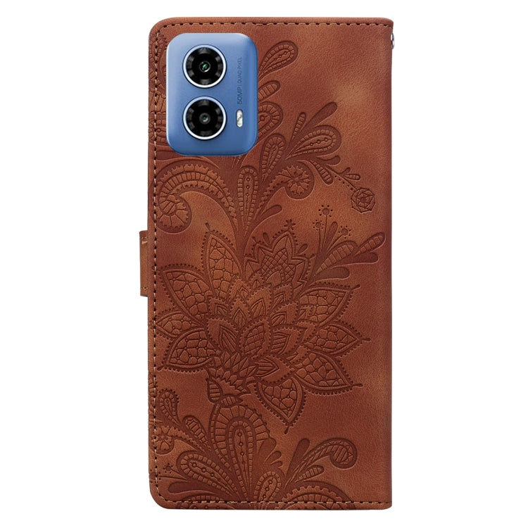 For Motorola Moto G34 Lace Floral Embossed Magnetic Buckle PU Phone Case With Wrist Strap