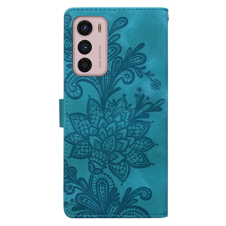 For Motorola Moto G42 Lace Floral Embossed Magnetic Buckle PU Phone Case With Wrist Strap