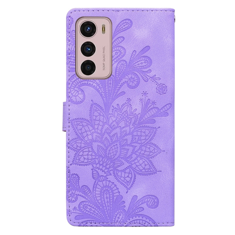 For Motorola Moto G42 Lace Floral Embossed Magnetic Buckle PU Phone Case With Wrist Strap