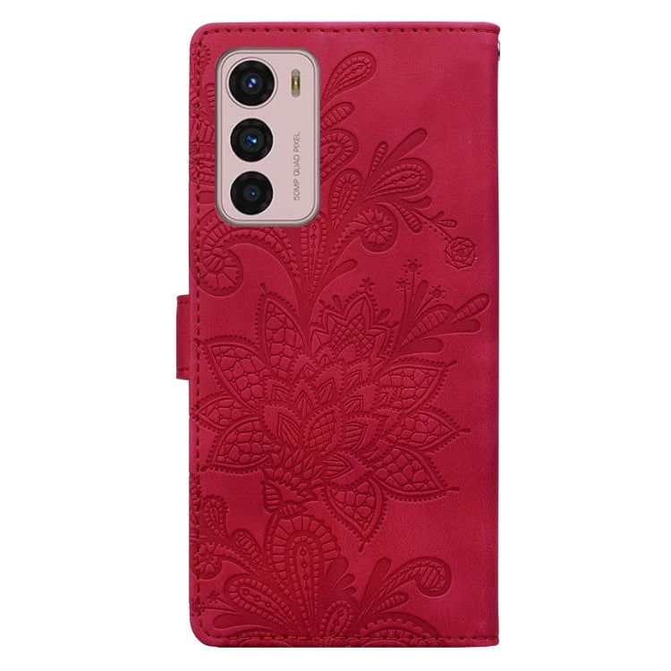 For Motorola Moto G42 Lace Floral Embossed Magnetic Buckle PU Phone Case With Wrist Strap