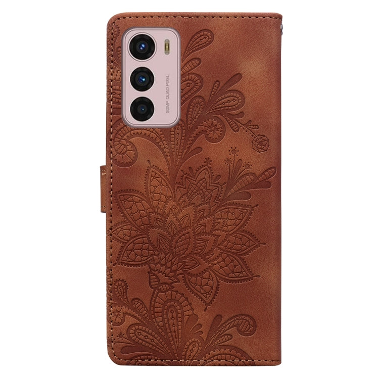 For Motorola Moto G42 Lace Floral Embossed Magnetic Buckle PU Phone Case With Wrist Strap