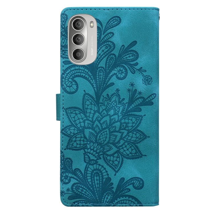 For Motorola Moto G51 5G Lace Floral Embossed Magnetic Buckle PU Phone Case With Wrist Strap