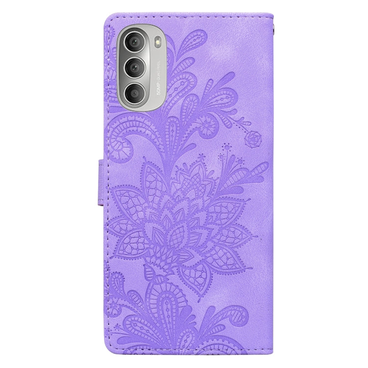 For Motorola Moto G51 5G Lace Floral Embossed Magnetic Buckle PU Phone Case With Wrist Strap