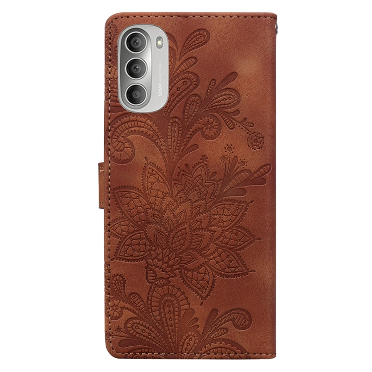 For Motorola Moto G51 5G Lace Floral Embossed Magnetic Buckle PU Phone Case With Wrist Strap