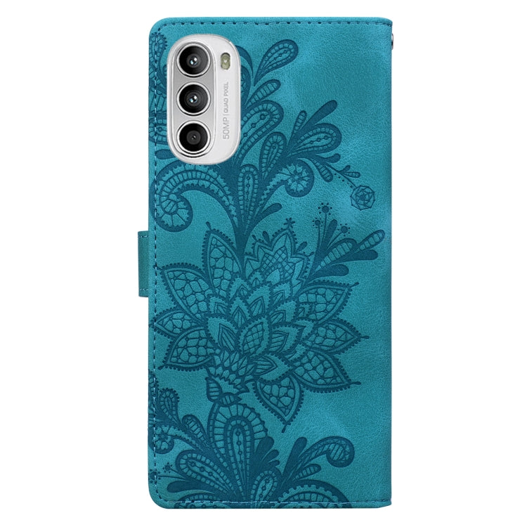 For Motorola Moto G52 4G / G82 Lace Floral Embossed Magnetic Buckle PU Phone Case With Wrist Strap