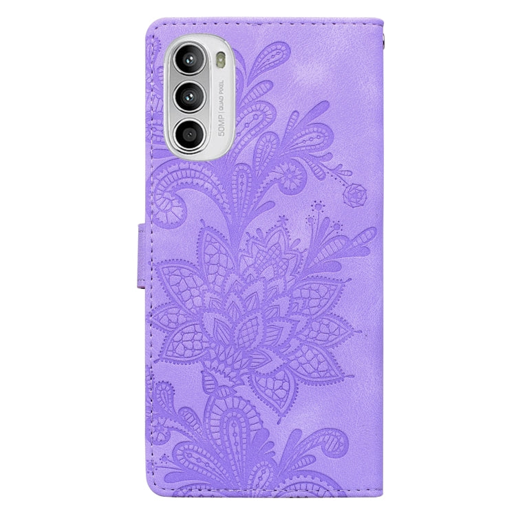 For Motorola Moto G52 4G / G82 Lace Floral Embossed Magnetic Buckle PU Phone Case With Wrist Strap