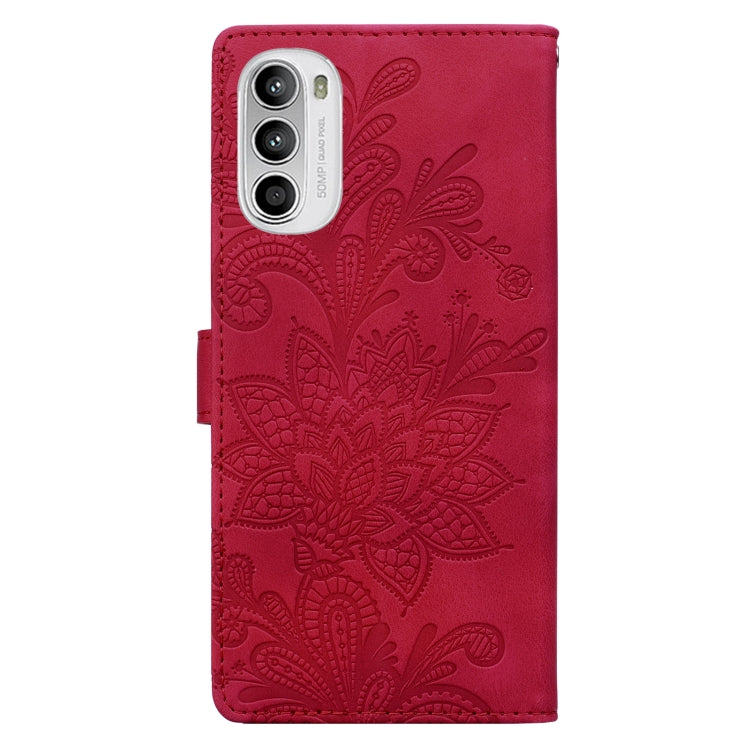 For Motorola Moto G52 4G / G82 Lace Floral Embossed Magnetic Buckle PU Phone Case With Wrist Strap