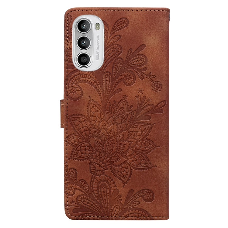 For Motorola Moto G52 4G / G82 Lace Floral Embossed Magnetic Buckle PU Phone Case With Wrist Strap