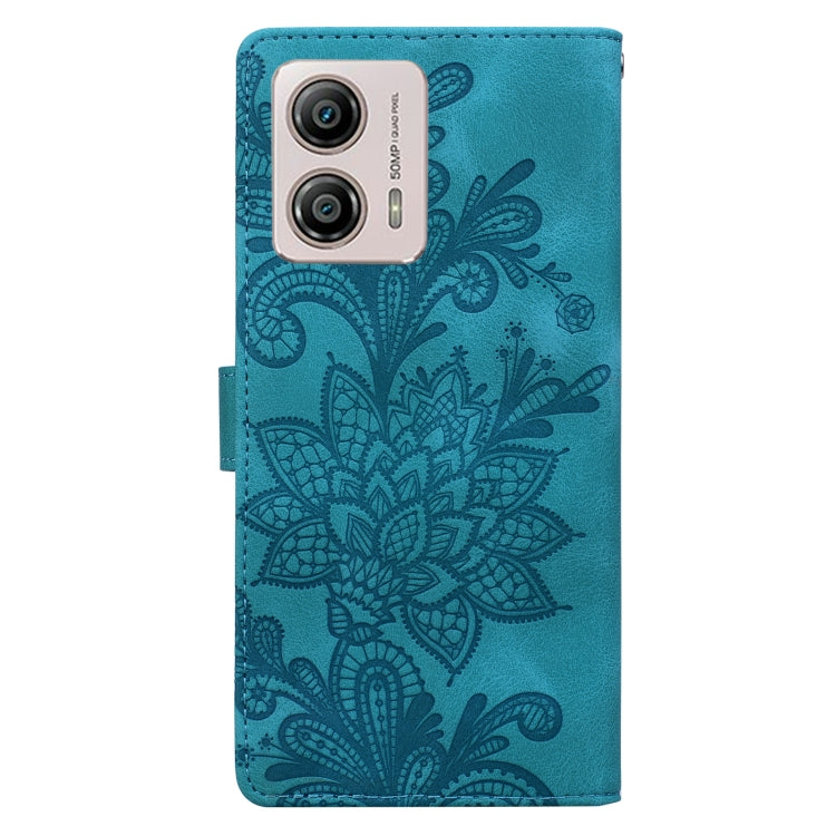 For Motorola Moto G53 / G13 / G23 Lace Floral Embossed Magnetic Buckle PU Phone Case With Wrist Strap