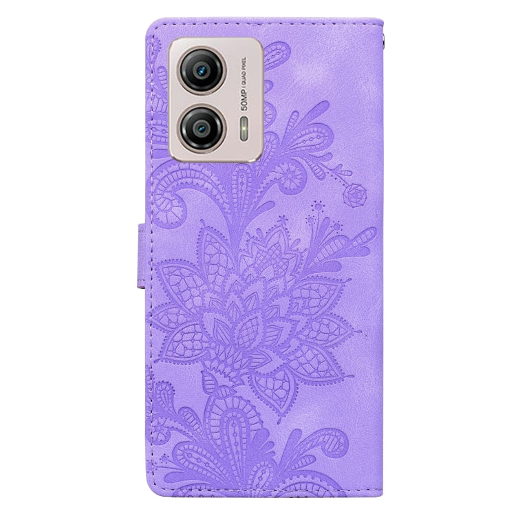 For Motorola Moto G53 / G13 / G23 Lace Floral Embossed Magnetic Buckle PU Phone Case With Wrist Strap