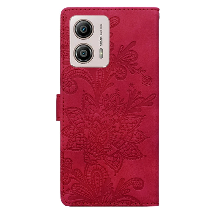 For Motorola Moto G53 / G13 / G23 Lace Floral Embossed Magnetic Buckle PU Phone Case With Wrist Strap