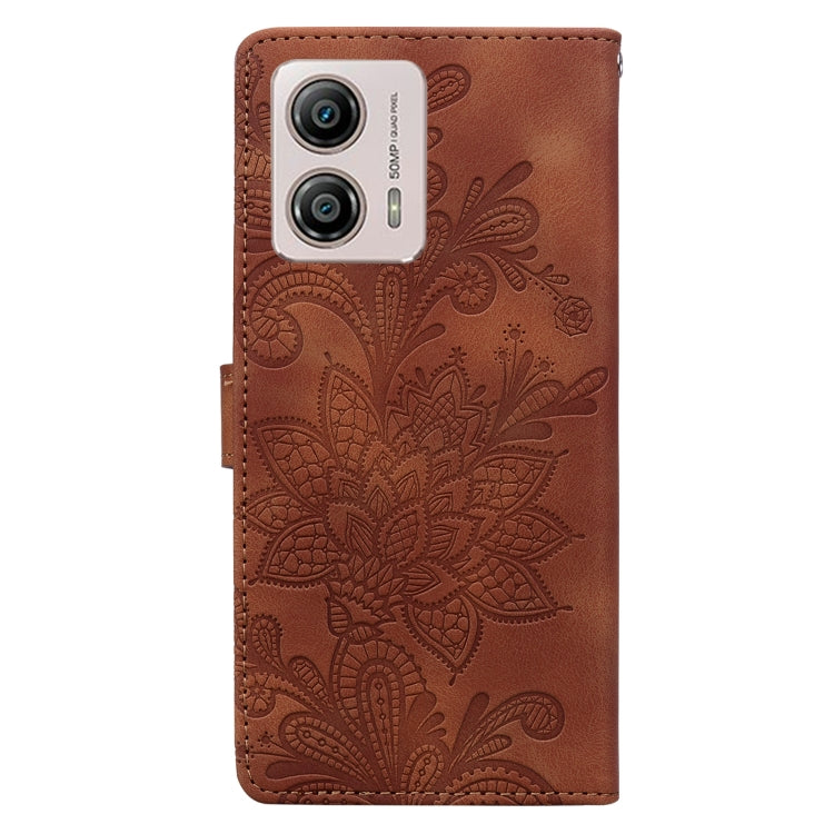 For Motorola Moto G53 / G13 / G23 Lace Floral Embossed Magnetic Buckle PU Phone Case With Wrist Strap
