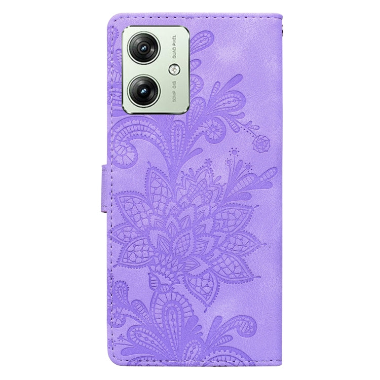 For Motorola Moto G54 / G64 Lace Floral Embossed Magnetic Buckle PU Phone Case With Wrist Strap