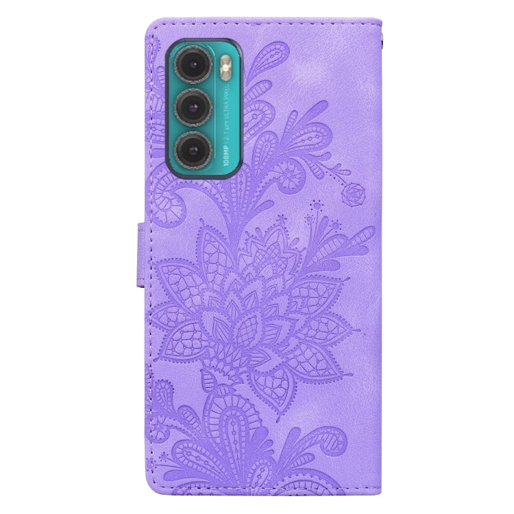For Motorola Moto G60 Lace Floral Embossed Magnetic Buckle PU Phone Case With Wrist Strap