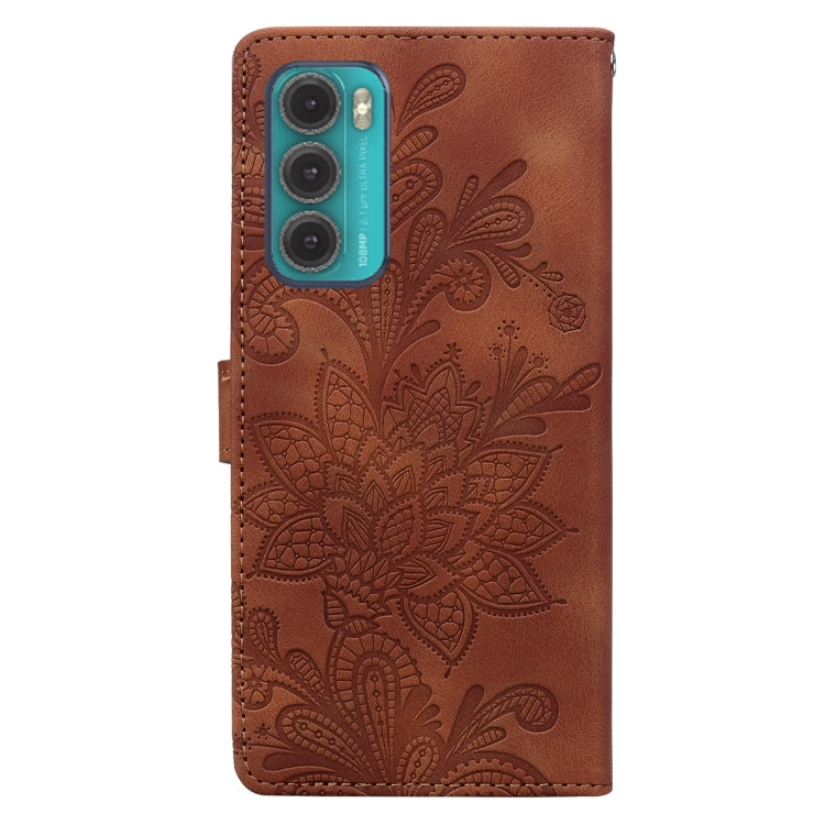 For Motorola Moto G60 Lace Floral Embossed Magnetic Buckle PU Phone Case With Wrist Strap