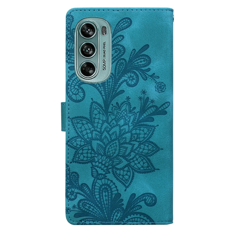 For Motorola Moto G62 5G Lace Floral Embossed Magnetic Buckle PU Phone Case With Wrist Strap