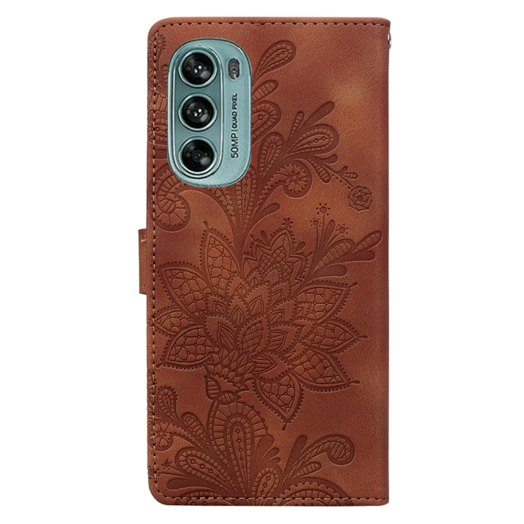 For Motorola Moto G62 5G Lace Floral Embossed Magnetic Buckle PU Phone Case With Wrist Strap