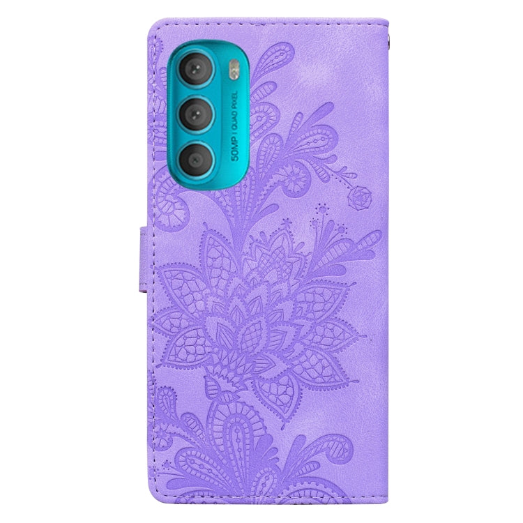 For Motorola Moto G71 5G Lace Floral Embossed Magnetic Buckle PU Phone Case With Wrist Strap