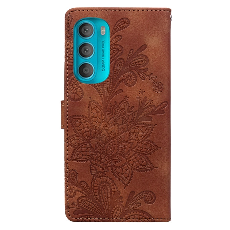 For Motorola Moto G71 5G Lace Floral Embossed Magnetic Buckle PU Phone Case With Wrist Strap