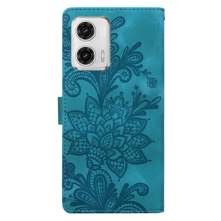 For Motorola Moto G73 Lace Floral Embossed Magnetic Buckle PU Phone Case With Wrist Strap