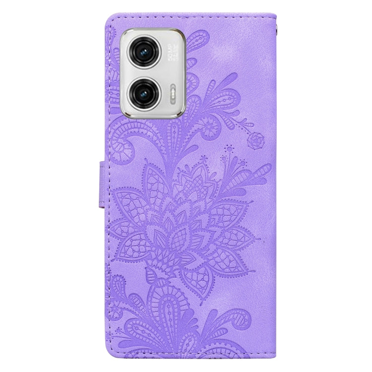 For Motorola Moto G73 Lace Floral Embossed Magnetic Buckle PU Phone Case With Wrist Strap