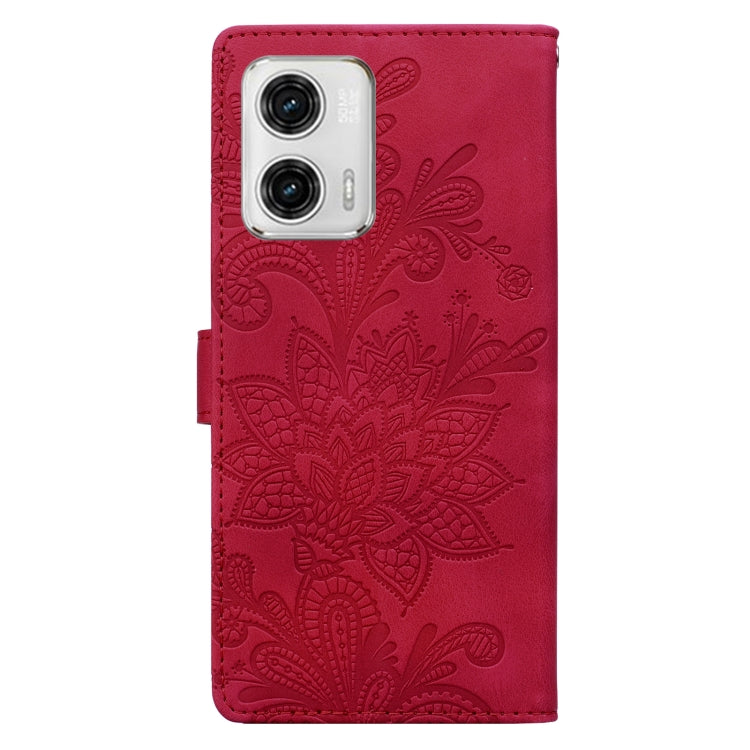 For Motorola Moto G73 Lace Floral Embossed Magnetic Buckle PU Phone Case With Wrist Strap
