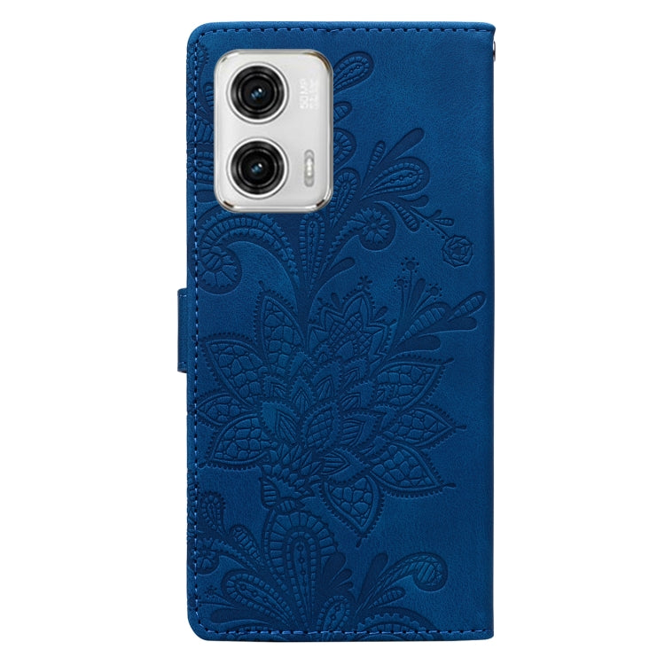 For Motorola Moto G73 Lace Floral Embossed Magnetic Buckle PU Phone Case With Wrist Strap