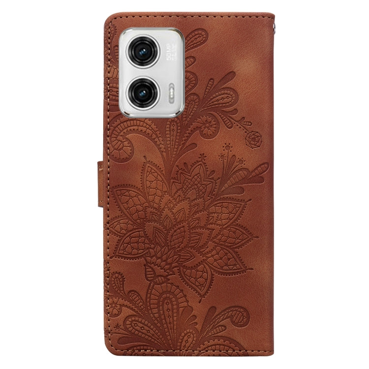 For Motorola Moto G73 Lace Floral Embossed Magnetic Buckle PU Phone Case With Wrist Strap