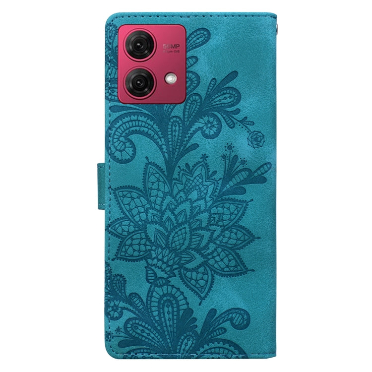 For Motorola Moto G84 Lace Floral Embossed Magnetic Buckle PU Phone Case With Wrist Strap