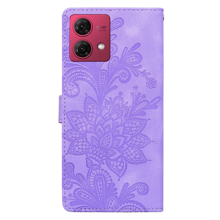 For Motorola Moto G84 Lace Floral Embossed Magnetic Buckle PU Phone Case With Wrist Strap