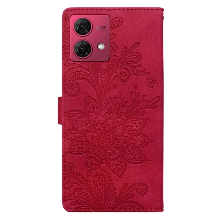 For Motorola Moto G84 Lace Floral Embossed Magnetic Buckle PU Phone Case With Wrist Strap