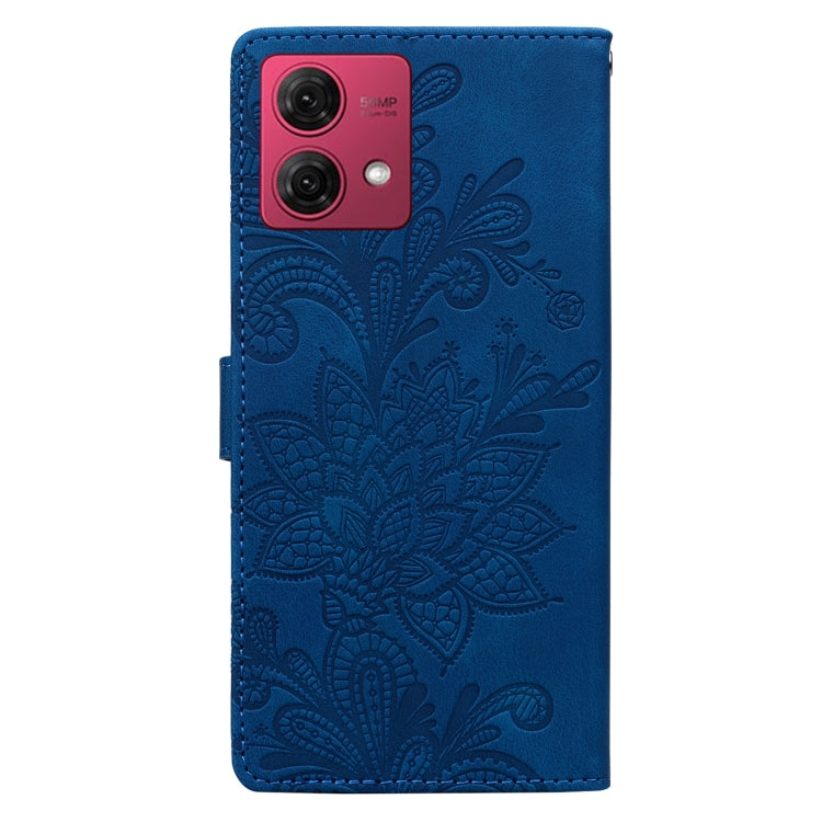 For Motorola Moto G84 Lace Floral Embossed Magnetic Buckle PU Phone Case With Wrist Strap