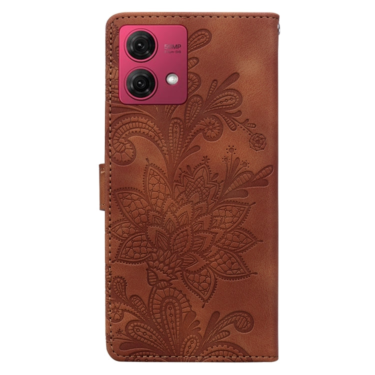 For Motorola Moto G84 Lace Floral Embossed Magnetic Buckle PU Phone Case With Wrist Strap