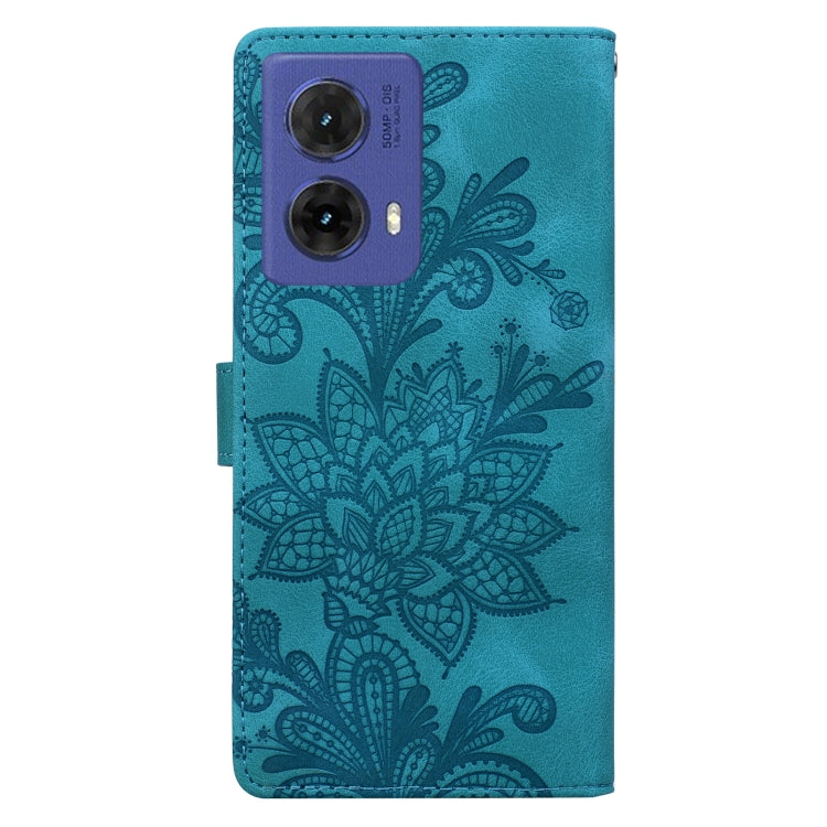 For Motorola Moto G85 Lace Floral Embossed Magnetic Buckle PU Phone Case With Wrist Strap