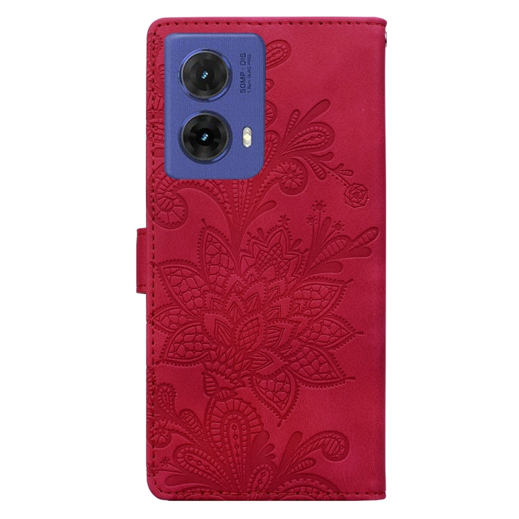 For Motorola Moto G85 Lace Floral Embossed Magnetic Buckle PU Phone Case With Wrist Strap