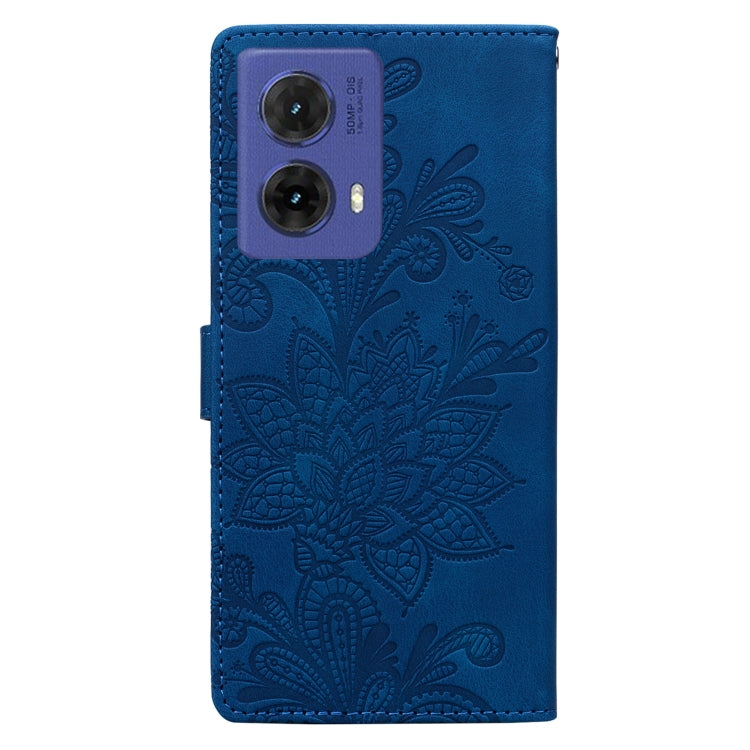 For Motorola Moto G85 Lace Floral Embossed Magnetic Buckle PU Phone Case With Wrist Strap