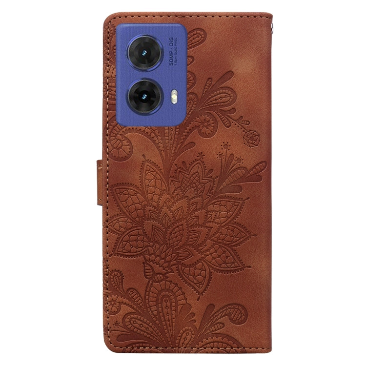 For Motorola Moto G85 Lace Floral Embossed Magnetic Buckle PU Phone Case With Wrist Strap