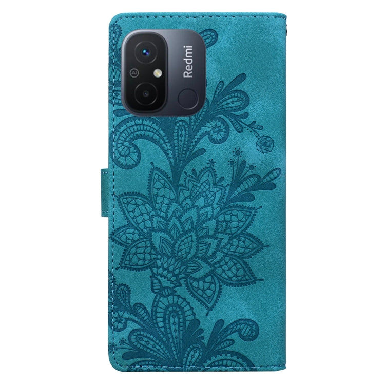 For Redmi 11A / 12C Lace Floral Embossed Magnetic Buckle PU Phone Case With Wrist Strap