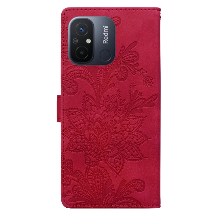 For Redmi 11A / 12C Lace Floral Embossed Magnetic Buckle PU Phone Case With Wrist Strap
