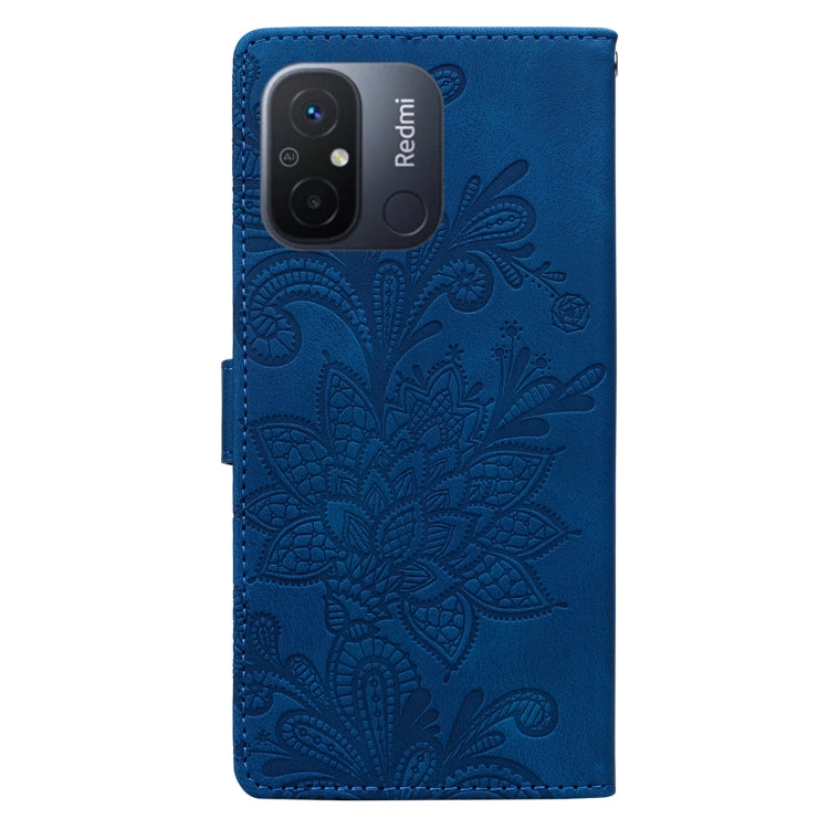 For Redmi 11A / 12C Lace Floral Embossed Magnetic Buckle PU Phone Case With Wrist Strap