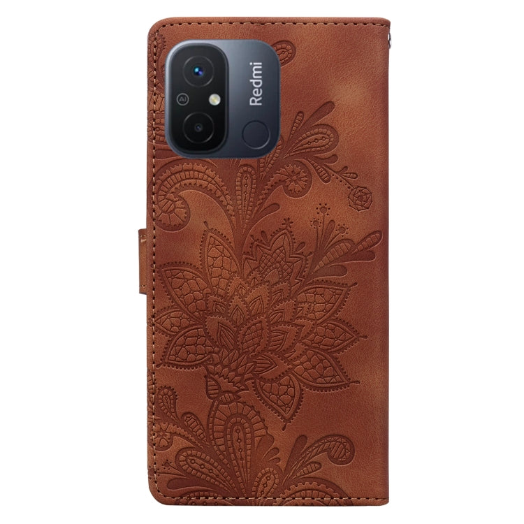 For Redmi 11A / 12C Lace Floral Embossed Magnetic Buckle PU Phone Case With Wrist Strap
