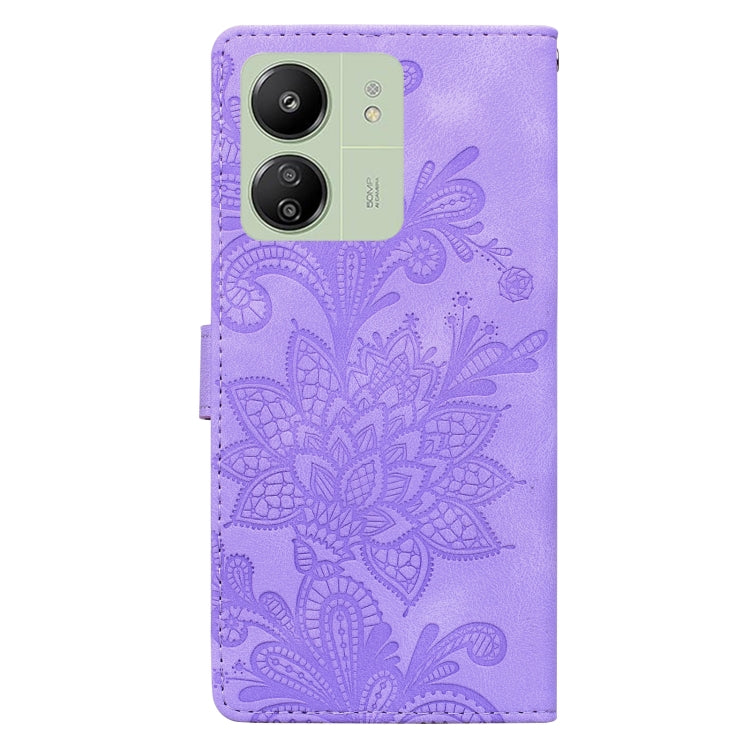 For Redmi 13C Lace Floral Embossed Magnetic Buckle PU Phone Case With Wrist Strap