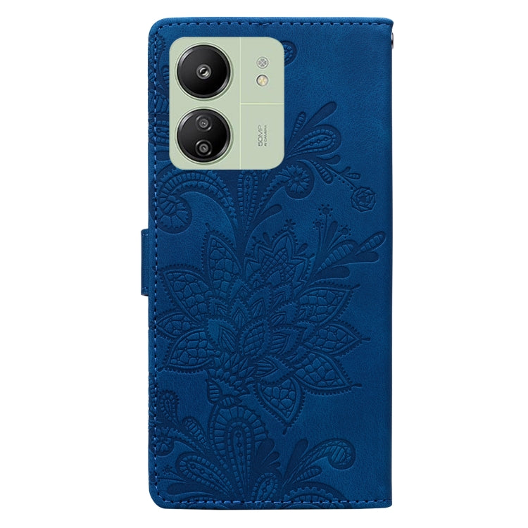 For Redmi 13C Lace Floral Embossed Magnetic Buckle PU Phone Case With Wrist Strap