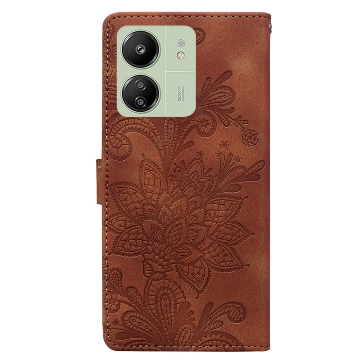 For Redmi 13C Lace Floral Embossed Magnetic Buckle PU Phone Case With Wrist Strap