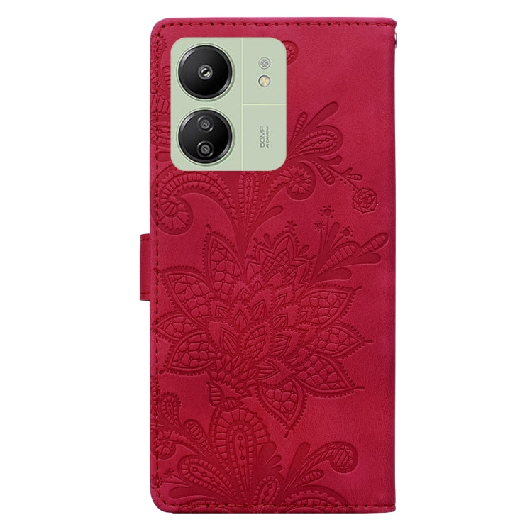 For Redmi 14C Lace Floral Embossed Magnetic Buckle PU Phone Case With Wrist Strap